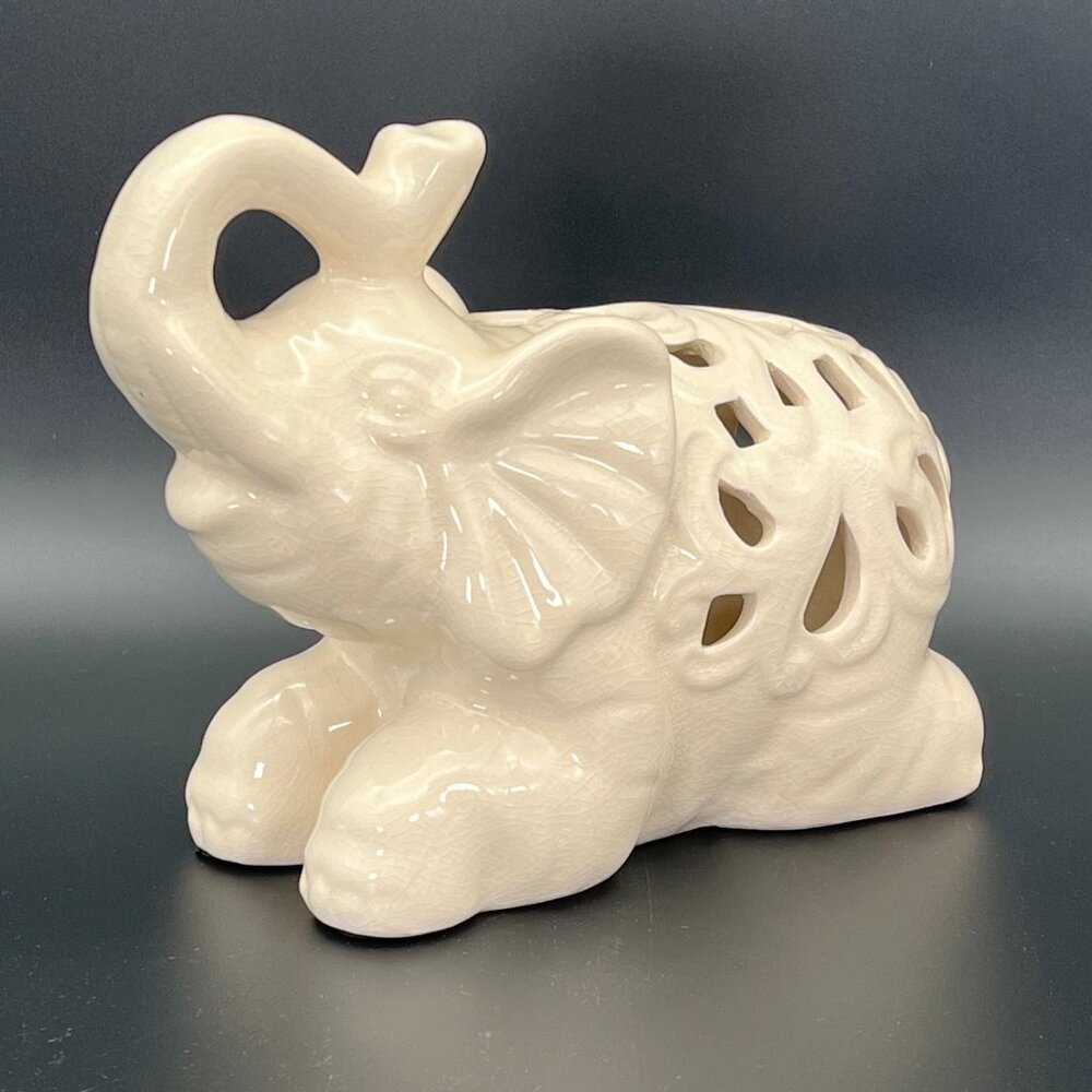 Ceramic Elephant Figurine Carved Crackle Pattern Trunk Up 9" x 7"